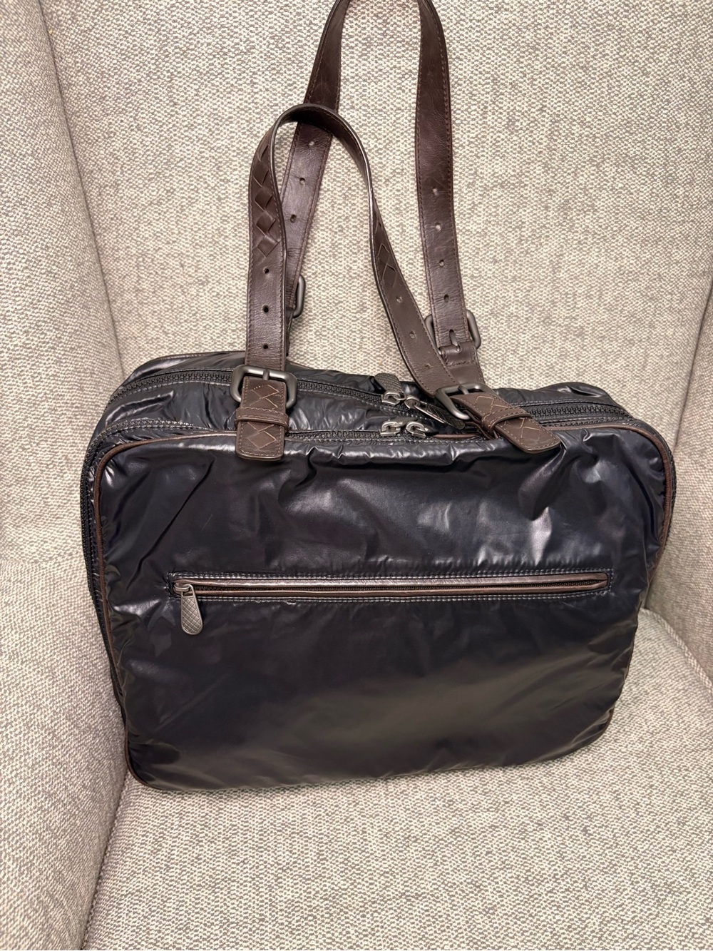 Bottega Veneta Unisex Black Nylon Briefcase Tote with Brown Leather Straps